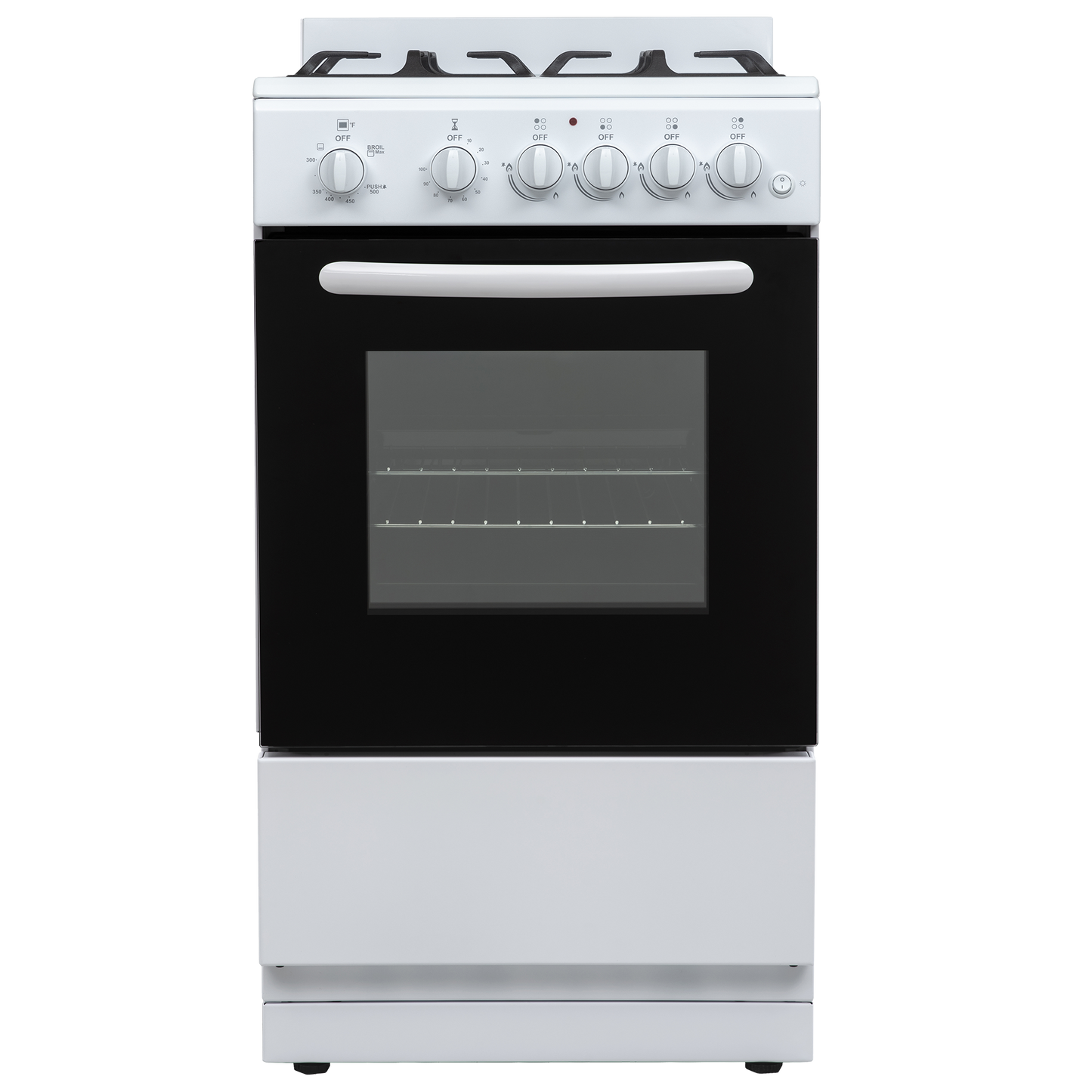 Compact white gas range with four burners and oven window, suitable for kitchen and cooking spaces.