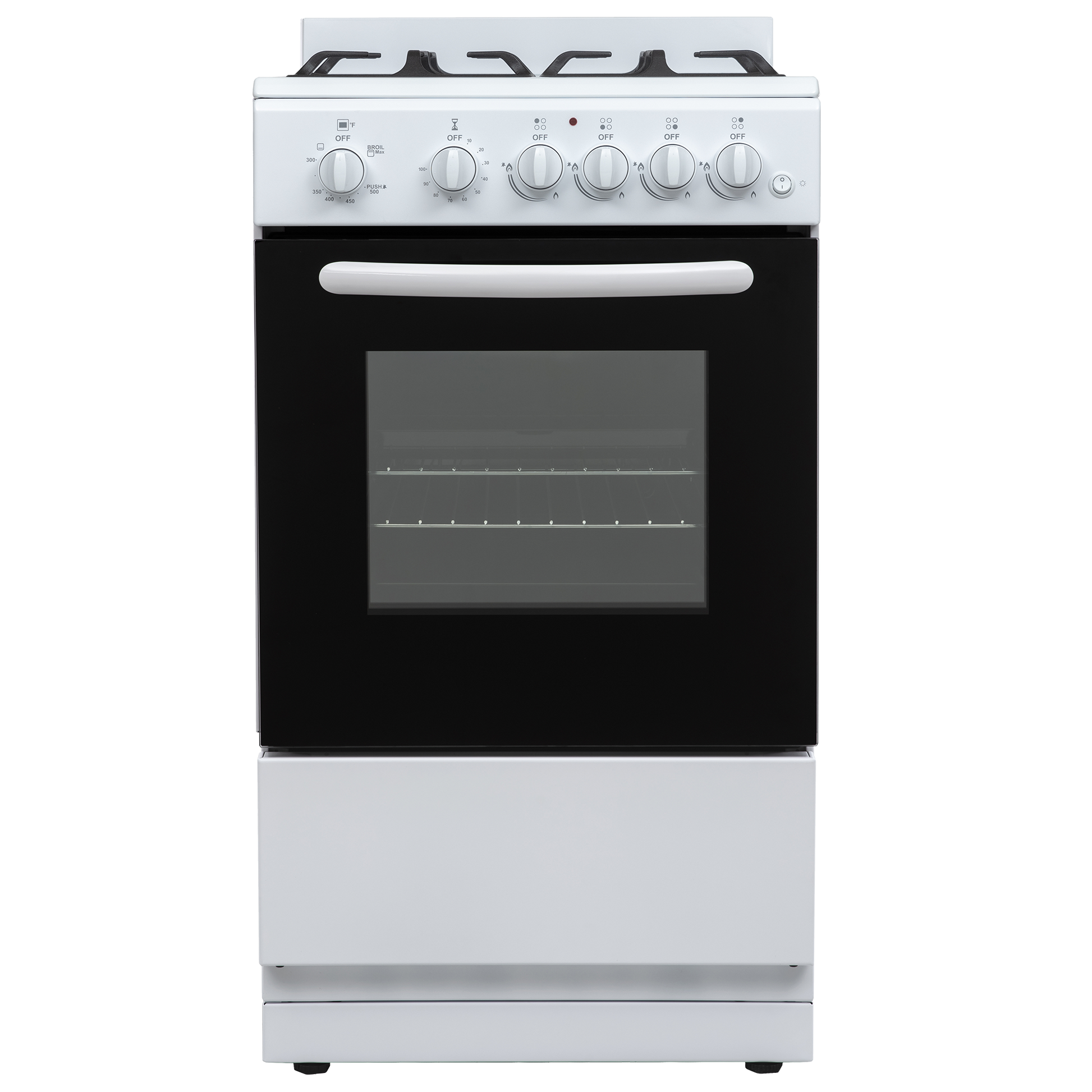 Compact white gas range with four burners and oven window, suitable for kitchen and cooking spaces.