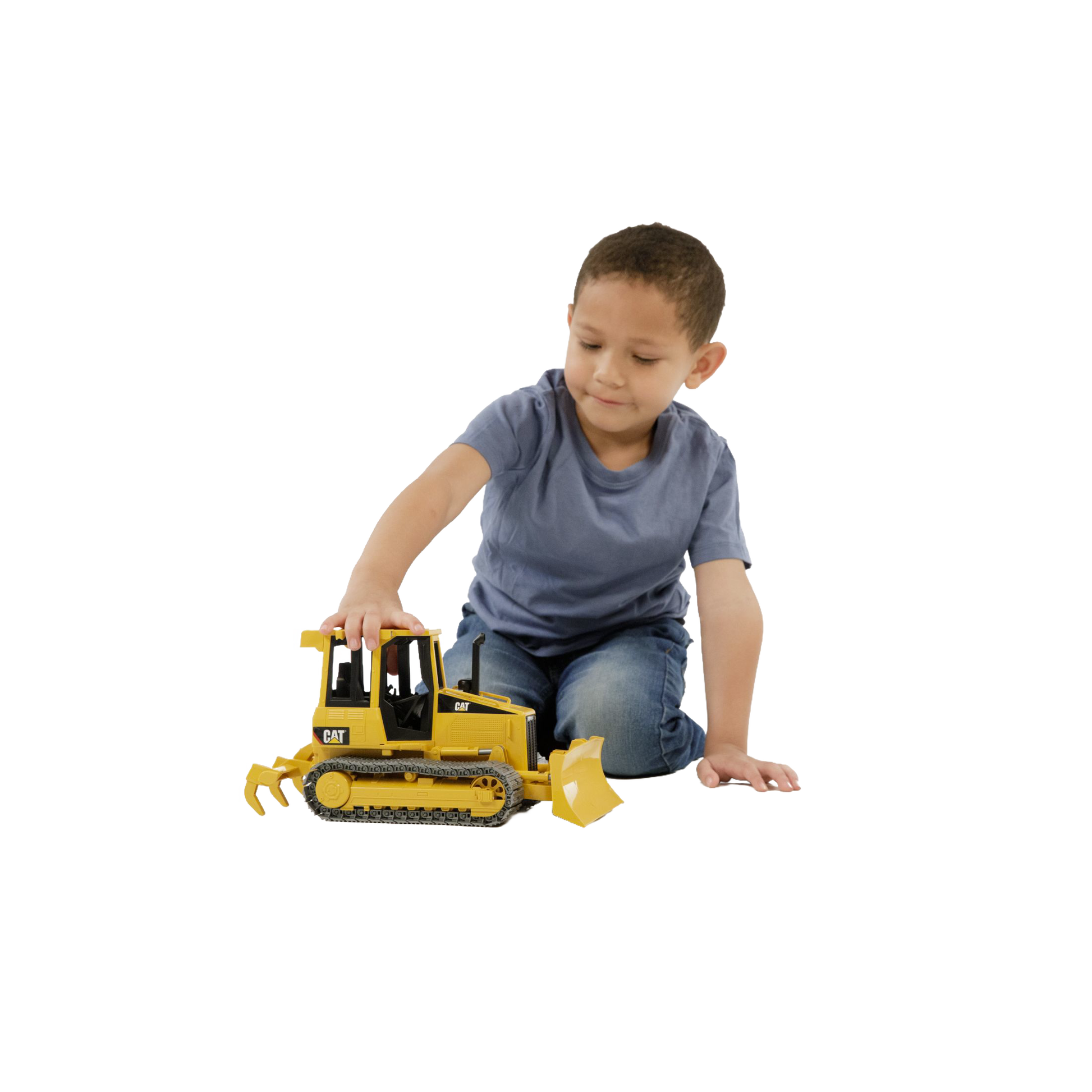 Child playing with yellow Bruder Caterpillar Track-Type Tractor model from Toys & Games and Vehicles & Remote Controlled Toys collections