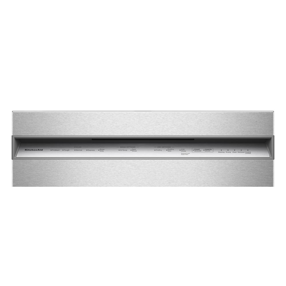 Close-up of stainless steel dishwasher control panel with digital display and buttons in modern kitchen appliance design