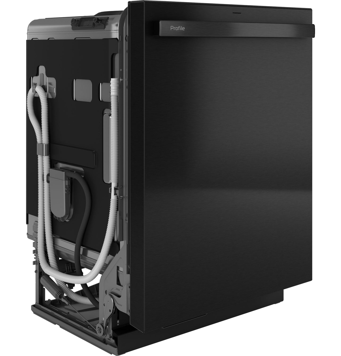 Black built-in dishwasher with UltraFresh System and Microban antimicrobial technology shown from side and front angle