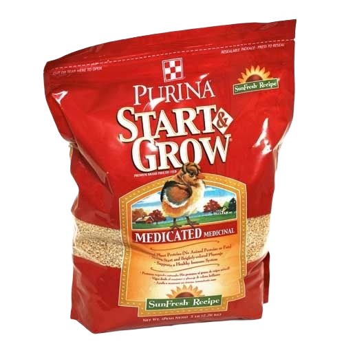 Red bag of Purina poultry feed with sunflowers and chick illustration labeled medicated sunflower recipe feed