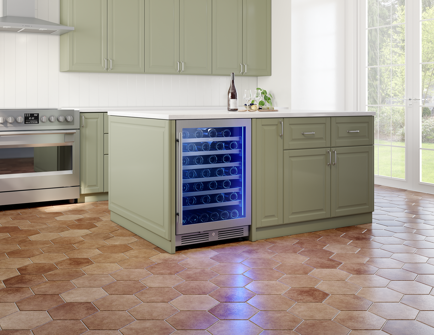 Built-in single zone wine cooler with wood racks and blue LED lighting integrated into green kitchen island cabinetry