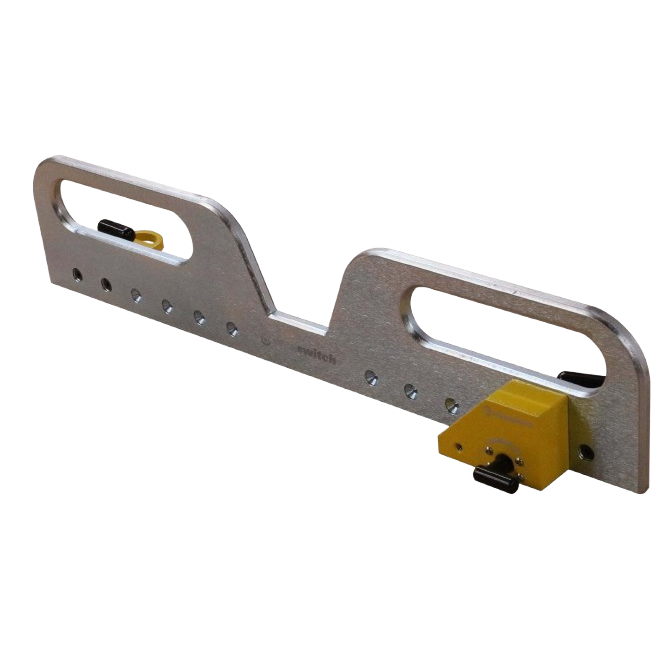 Metal drill press fence with yellow magnetic adjustment blocks for precision positioning in power tool accessories collection