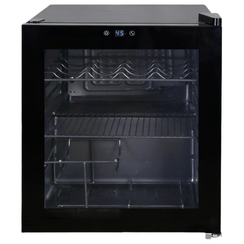 Compact black beverage cooler with glass door, wire racks, and digital temperature display for kitchen and appliance use