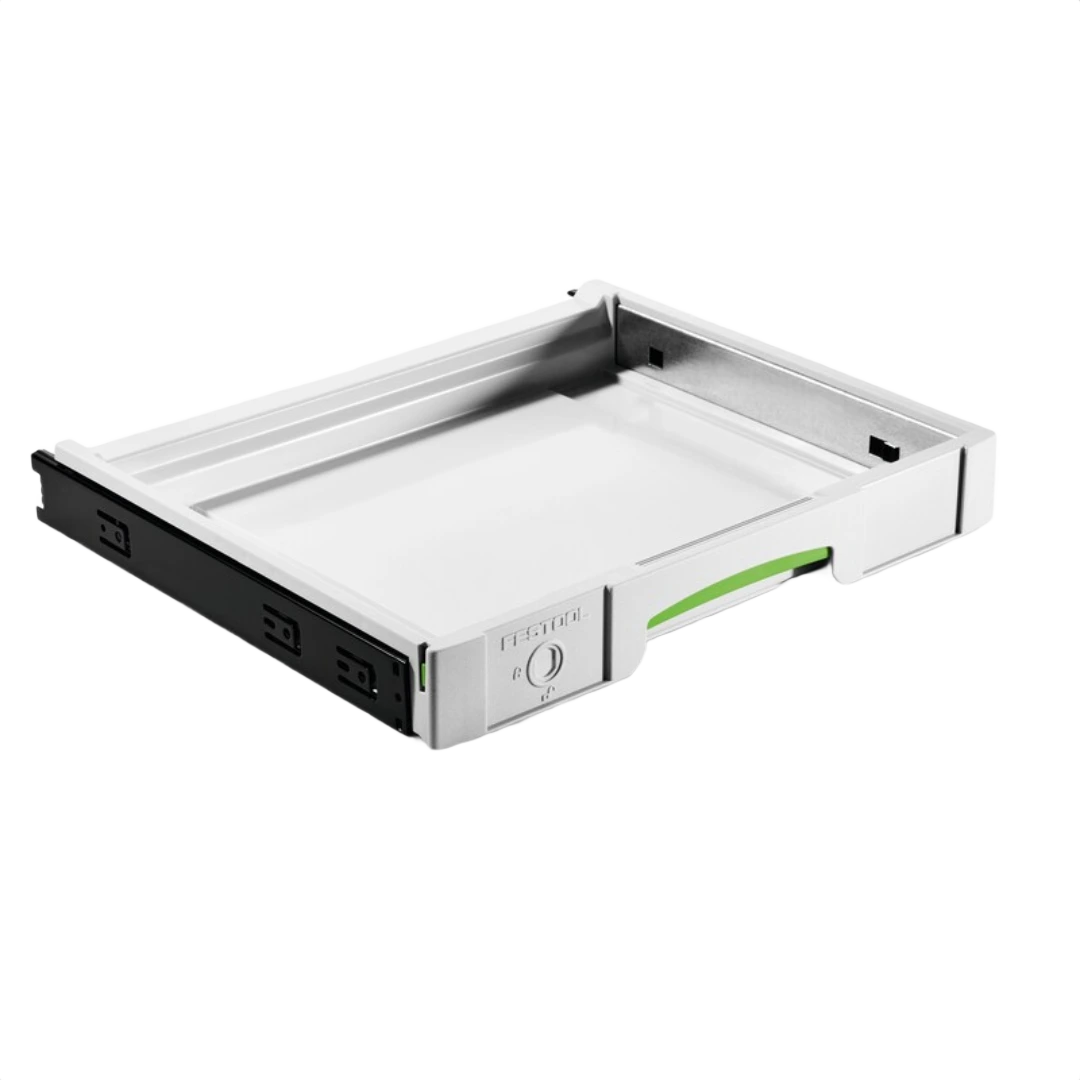 White metal drawer with green accents for Festool system storage used in woodworking tool organization and home improvement projects