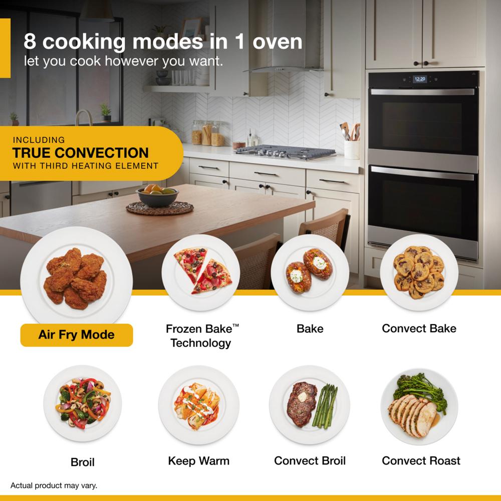 Modern kitchen featuring a built-in double smart wall oven with eight cooking modes including air fry and true convection