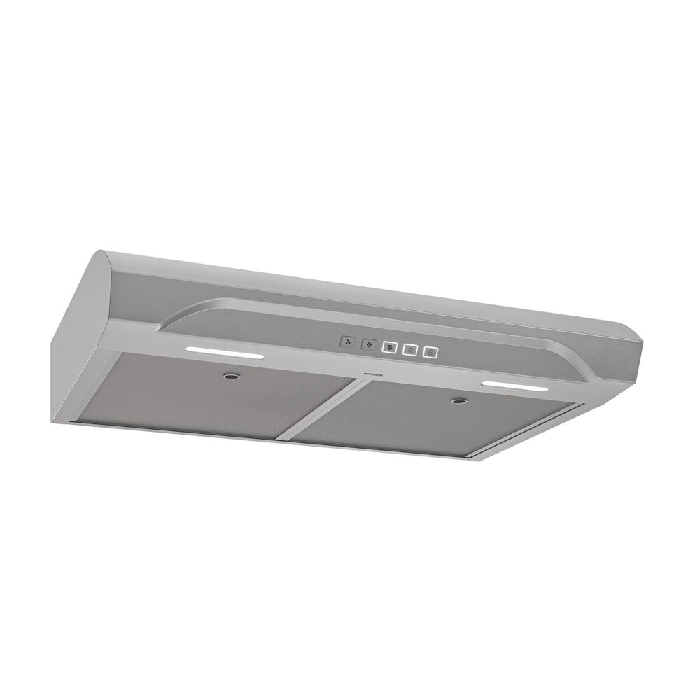 Stainless steel under-cabinet range hood with mesh filters and control panel, part of kitchen appliances collection.