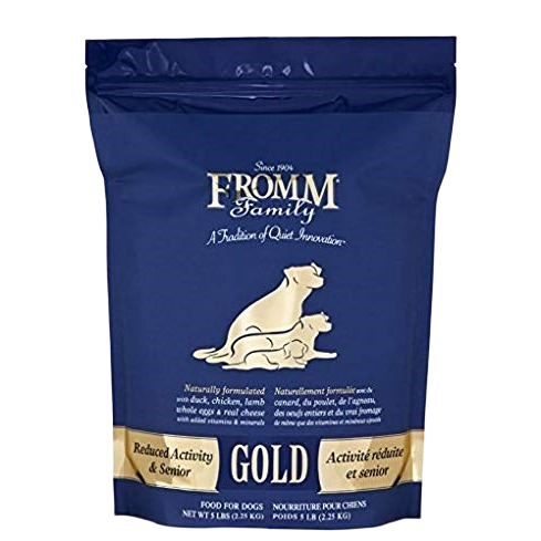 Blue bag of Fromm Gold Reduced Activity & Senior dog food with beige dog illustration and bilingual text under $50 pet food