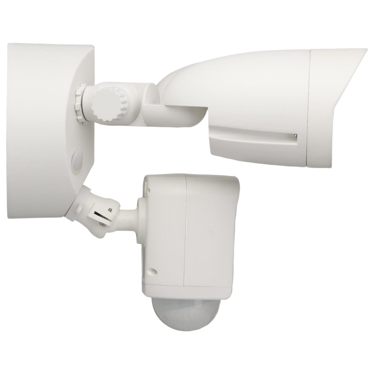 White bullet-style outdoor security camera with motion sensor for smart home surveillance and outdoor lighting projects