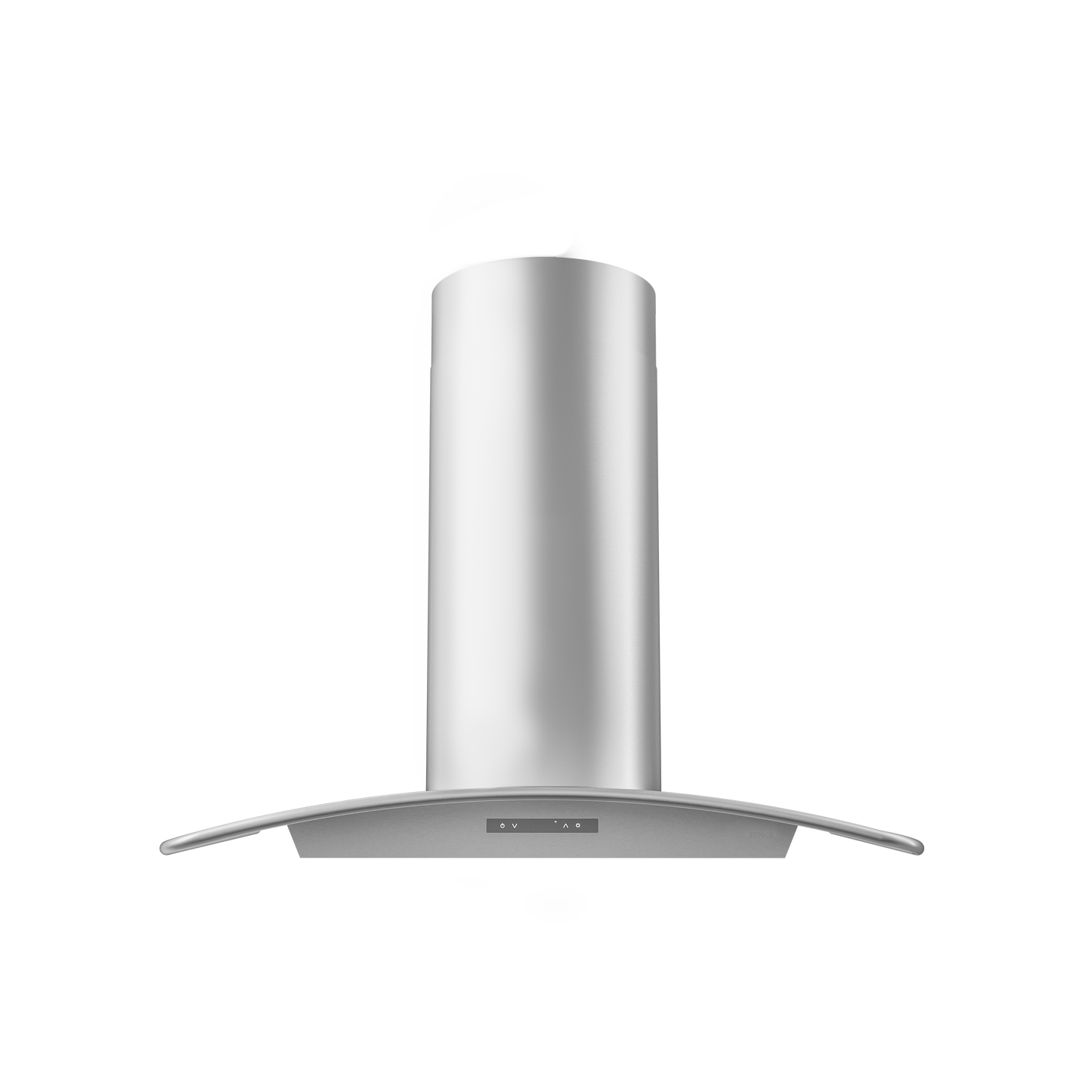 Stainless steel chimney hood with curved glass canopy and digital touch controls from Over the Range Hoods collection