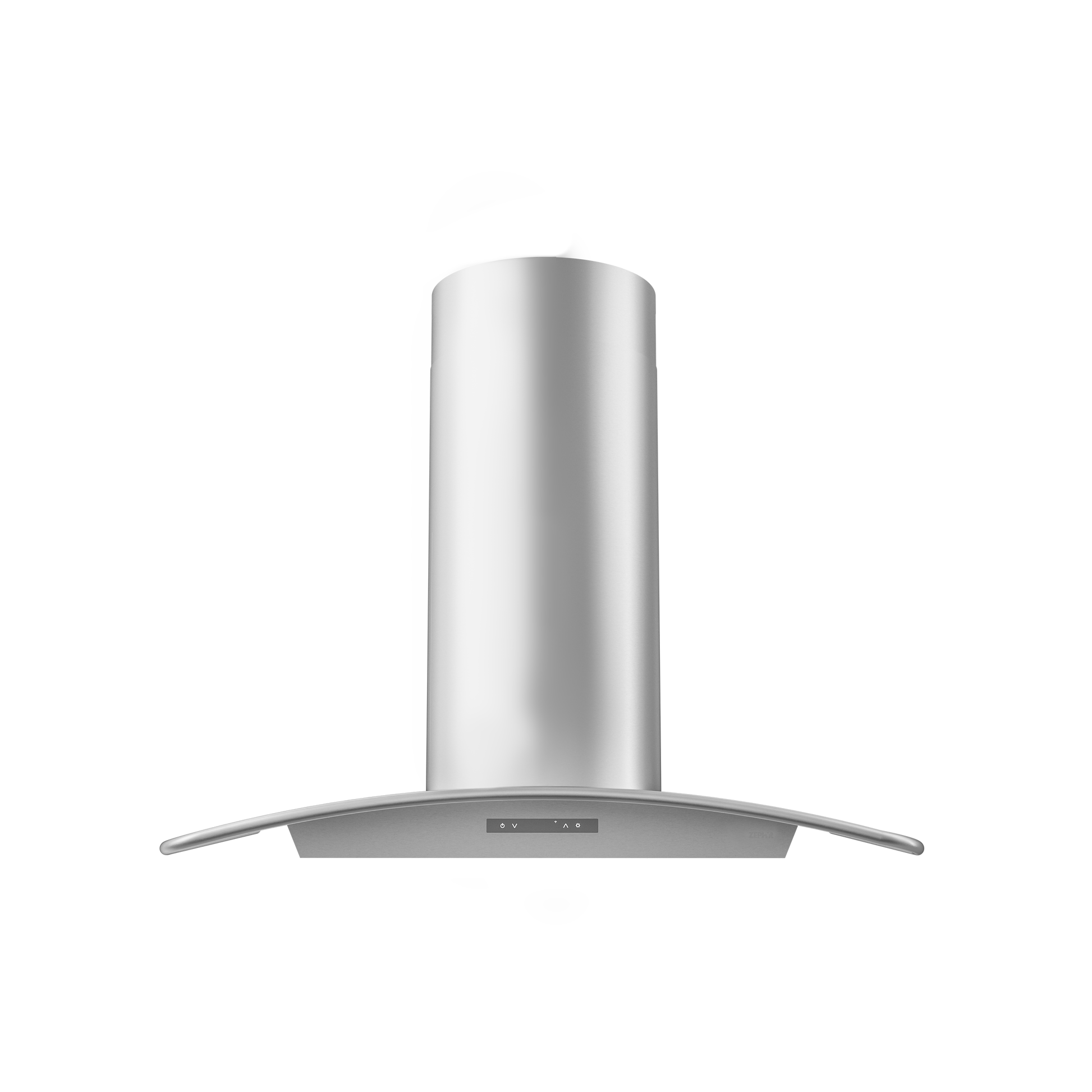 Stainless steel chimney hood with curved glass canopy and digital touch controls from Over the Range Hoods collection