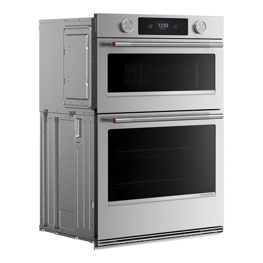Perspective view of a stainless steel 30-inch smart electric combo wall oven with digital display and control knobs, part of KitchenAid wall ovens and Appliances for home improvement.