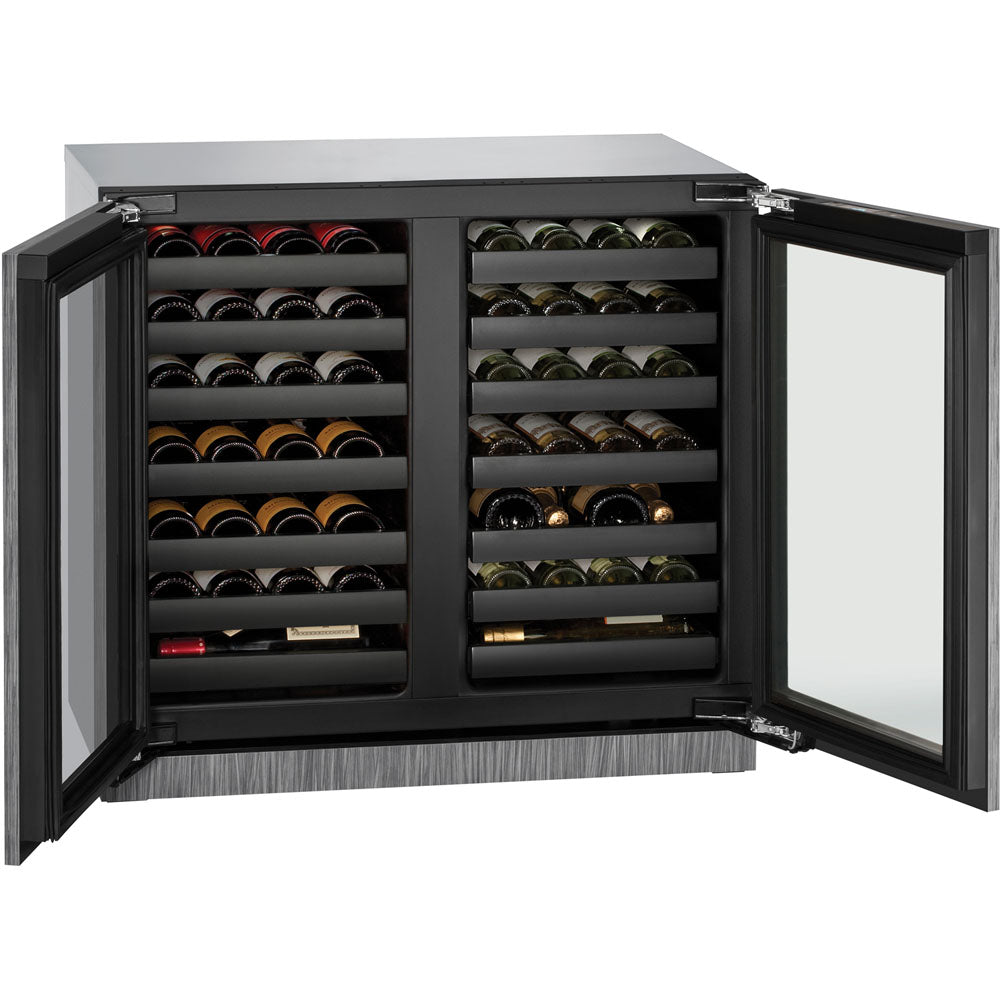 French door beverage chiller with black frame, glass panels, and multiple shelves for wine storage in appliances collection