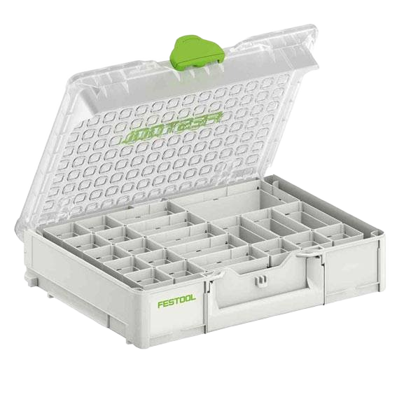 White and green Festool organizer with clear lid and adjustable compartments for tool storage under $100 collection