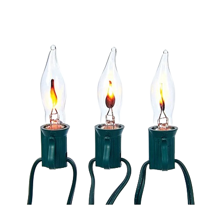 Three clear flame-tipped bulbs with green bases on a flickering light string for Christmas decoration under $50.