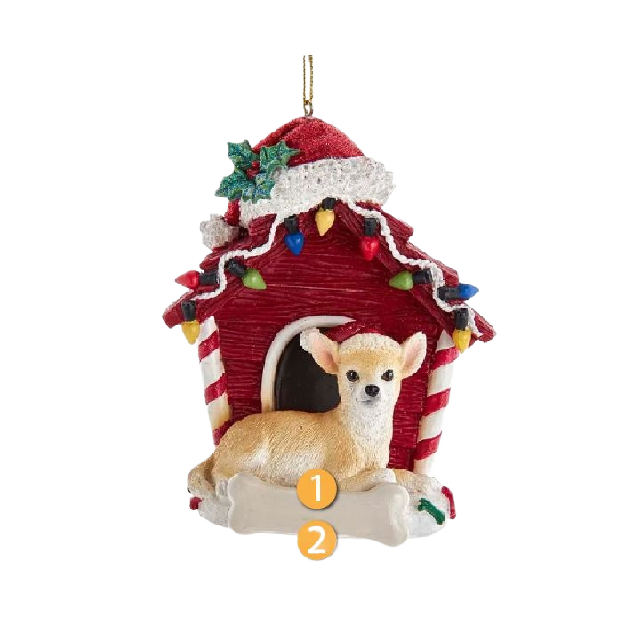 Personalized Christmas ornament featuring a Chihuahua in front of a red dog house with holiday lights