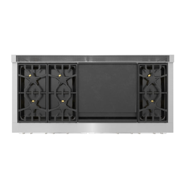 Top view of a stainless steel 60-inch dual fuel professional range with six burners in Ranges collection