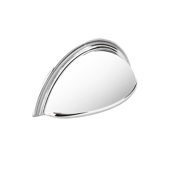 Polished chrome cup pull with knurled edge detail, designed for cabinetry in hardware and furniture accessories collections
