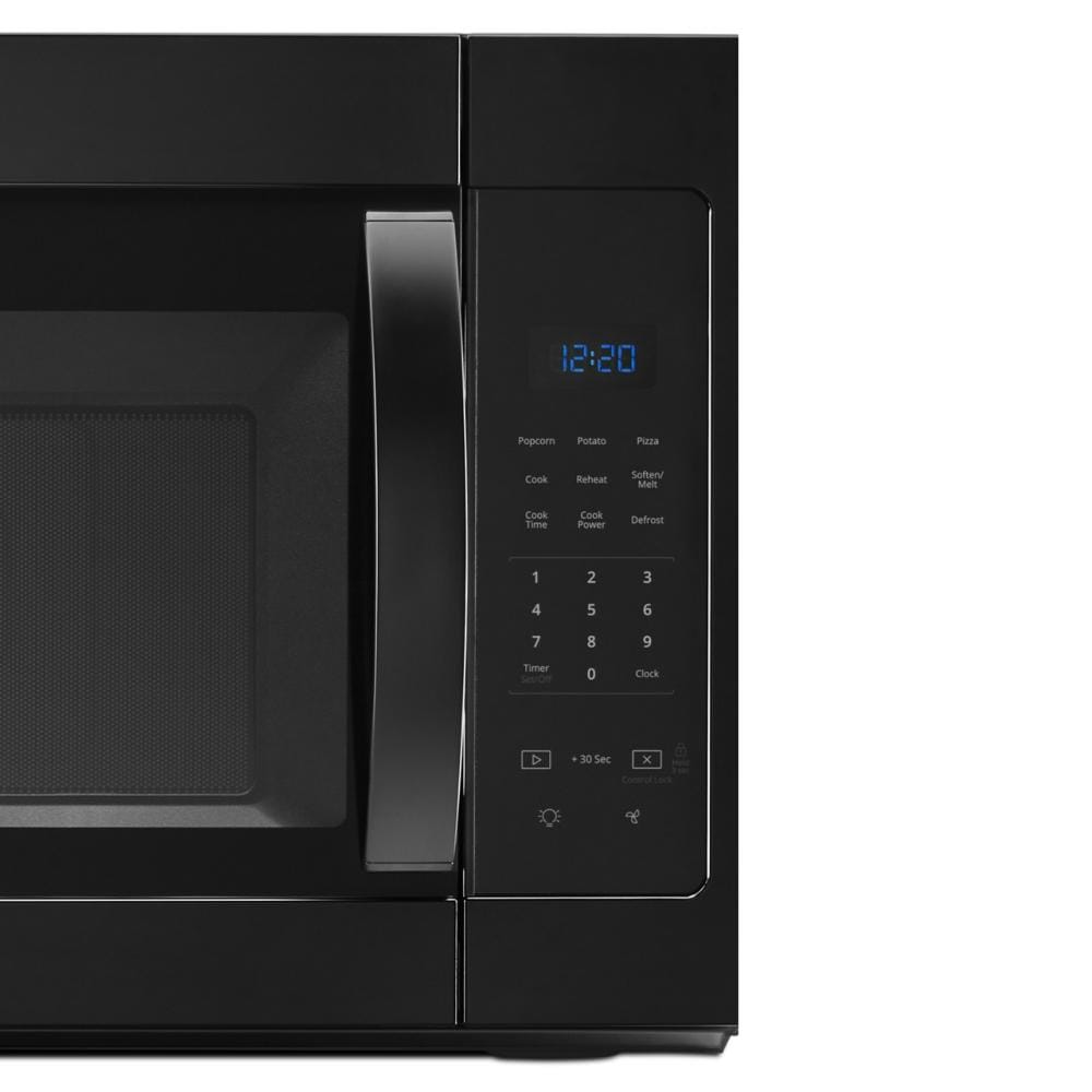 Close-up of black microwave control panel with digital blue clock and touch-sensitive cooking presets from appliances collection