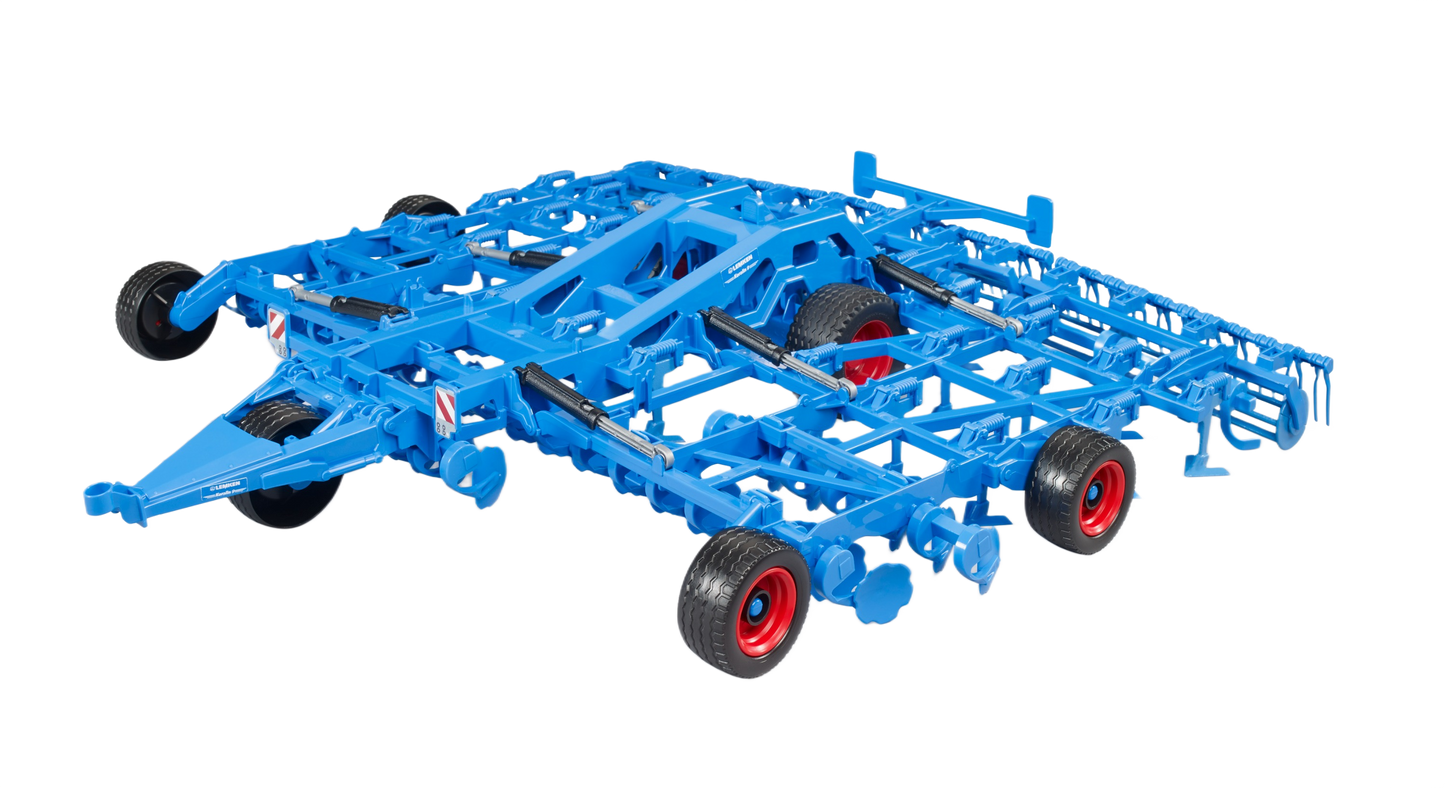 Blue agricultural cultivator tool with multiple wheels and metal tines for soil preparation and home improvement use