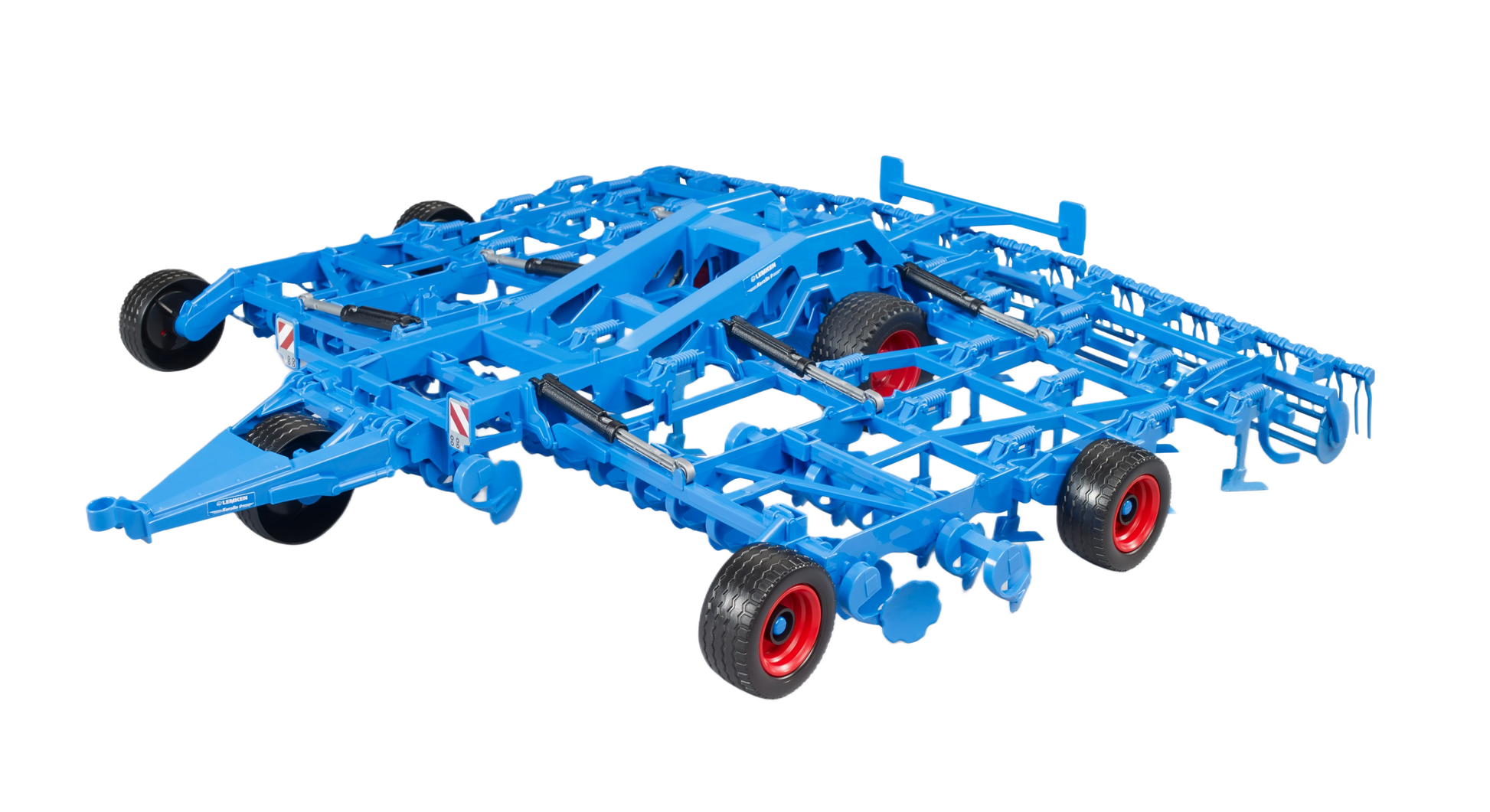 Blue agricultural cultivator tool with multiple wheels and metal tines for soil preparation and home improvement use