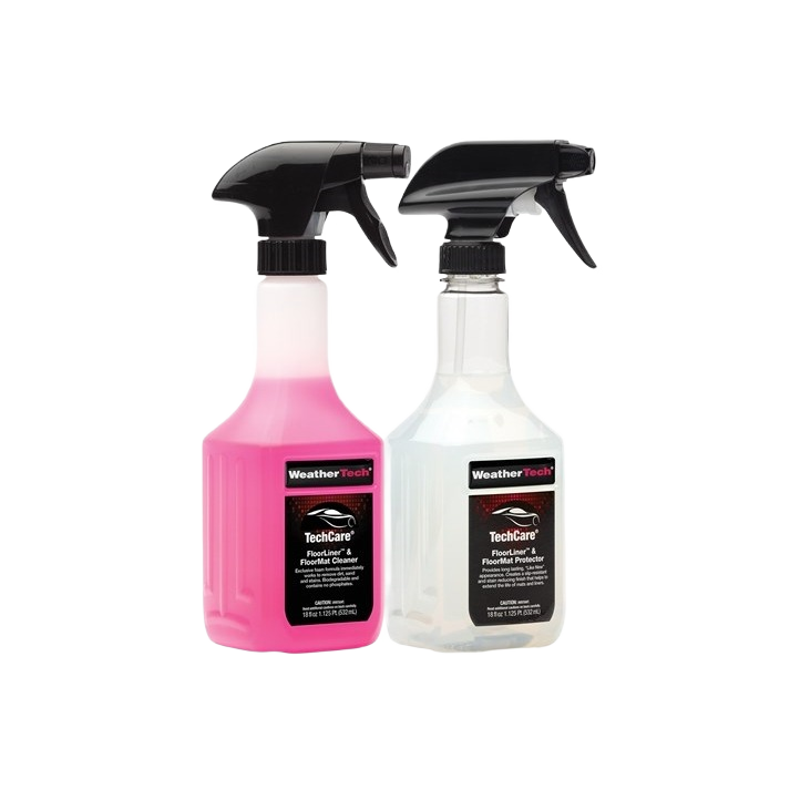 Pair of spray bottles with pink cleaner and clear protector solution for automotive floor care and cleaning supplies collections
