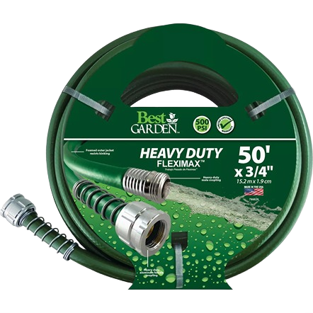 Green heavy duty flexible garden hose with metal connectors and pressure rating for tools and home improvement projects