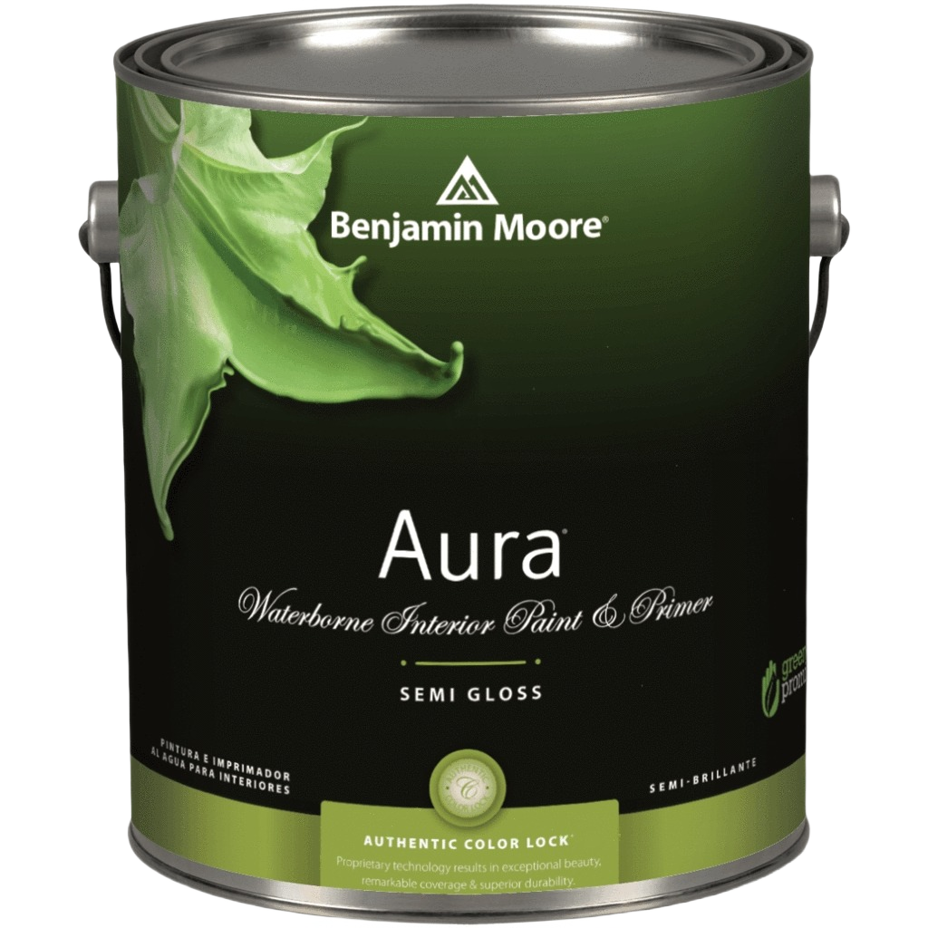 Benjamin Moore Aura semi-gloss interior paint and primer in one-gallon can for home improvement projects