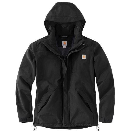 Black men's loose fit jacket made from heavyweight nylon with Storm Defender waterproof, breathable technology, adjustable hood, and front pockets in outerwear collections.