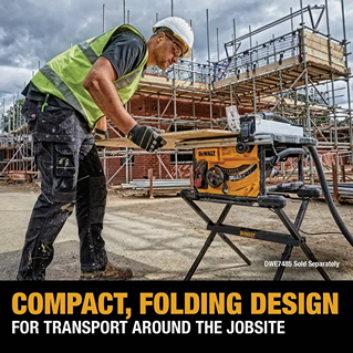Yellow and black folding stand supporting a compact table saw on a construction site with a worker using wood pieces