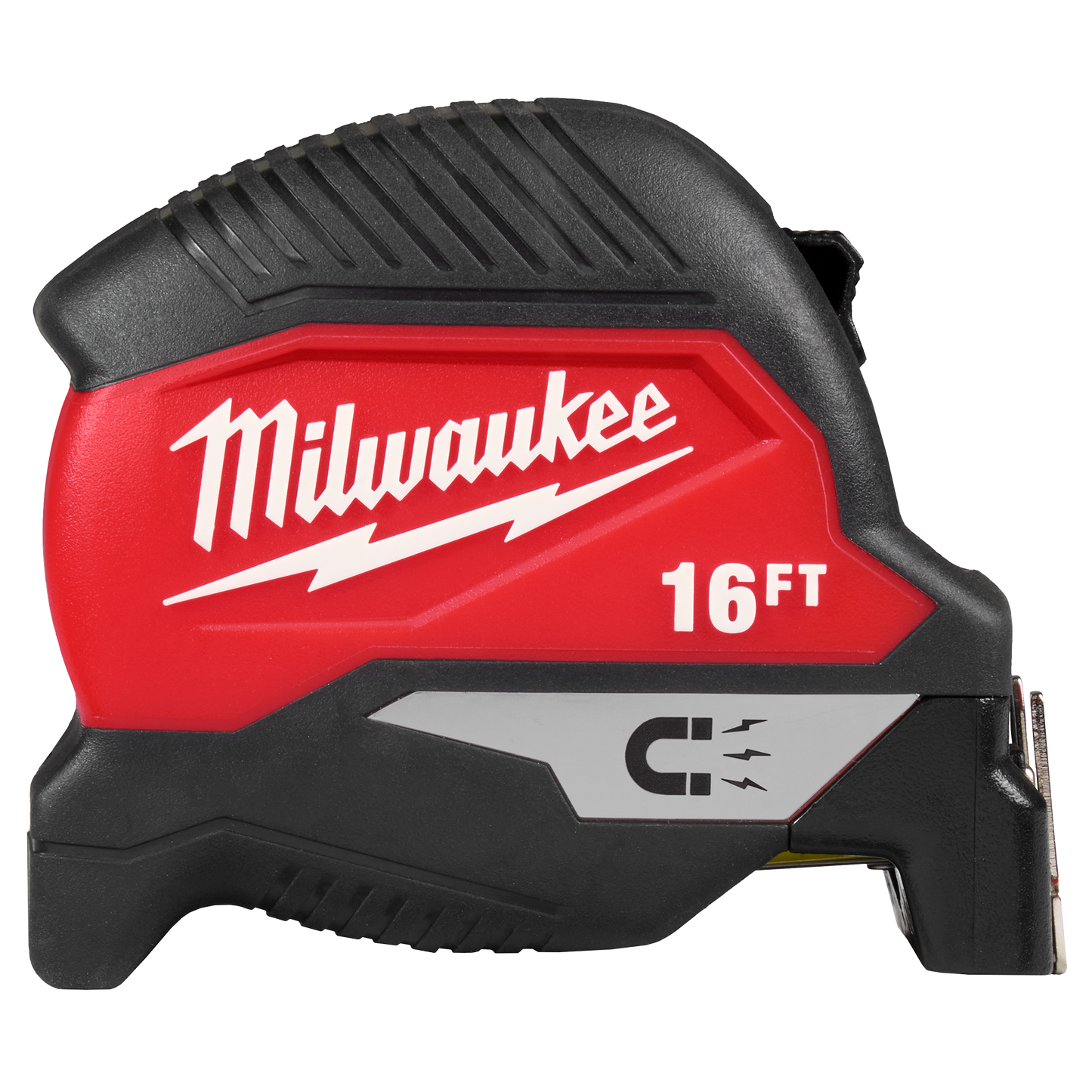 Compact magnetic tape measure with wide blade and durable red and black housing for home improvement and tool use