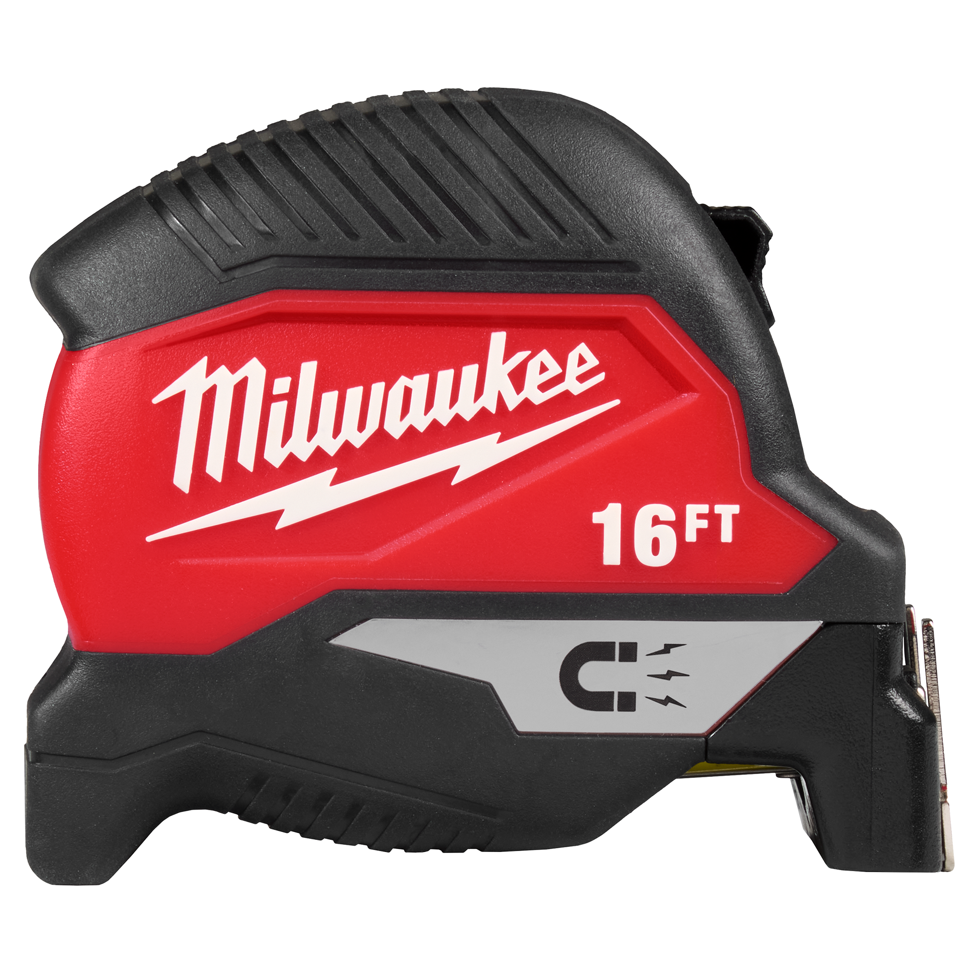 Compact magnetic tape measure with wide blade and durable red and black housing for home improvement and tool use