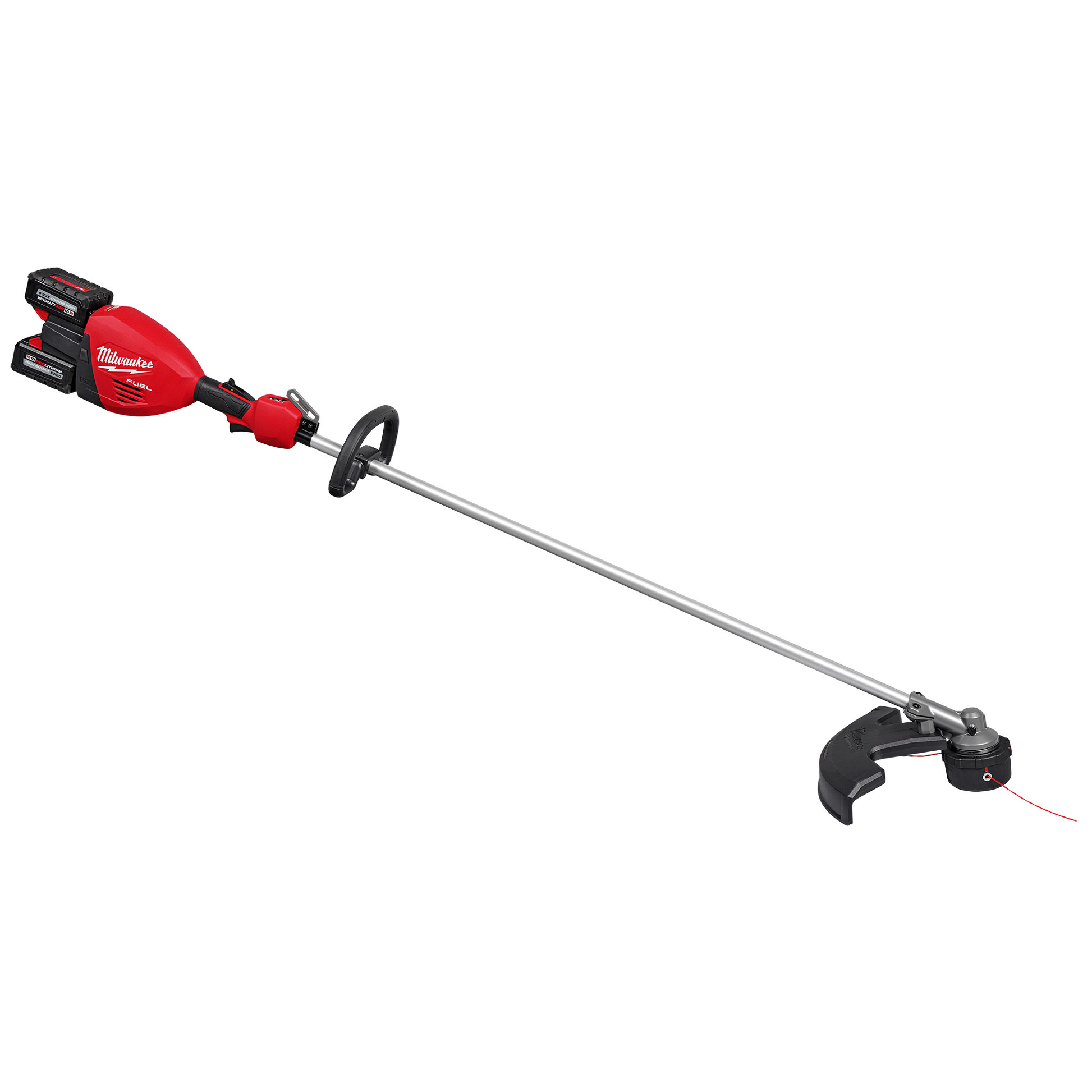 Cordless red and black string trimmer with dual batteries and adjustable handle for landscaping and home improvement tasks