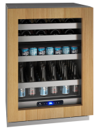 Beverage center with wood-finish frame, dual zones stocked with bottles and cans, in kitchen appliance setting