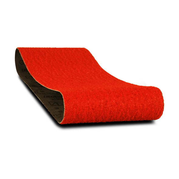 Red zirconium grit sanding belt designed for heavy stock removal in woodworking tool accessories.