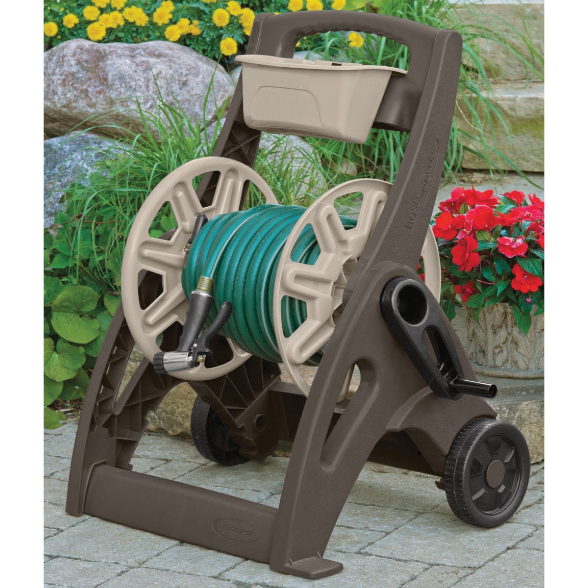 Taupe and bronze resin hose reel with storage bin and handle, ideal for watering and garden tool storage.
