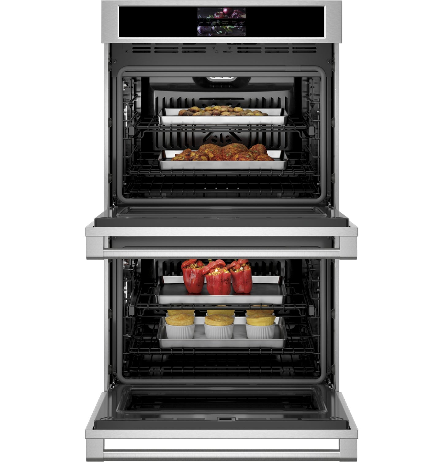 Open stainless steel double wall oven with trays of cooked and uncooked dishes inside from Wall Ovens collection