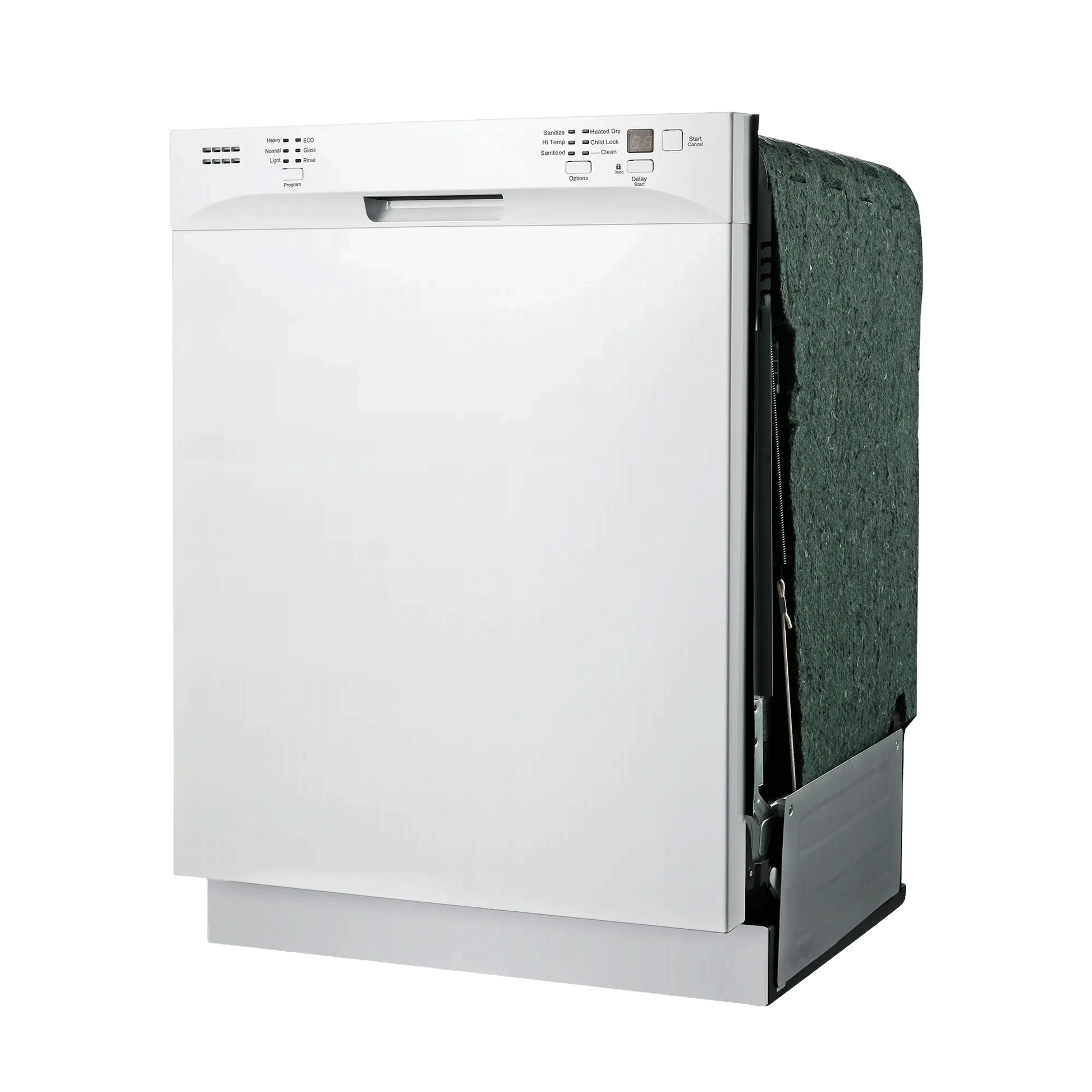 White built-in dishwasher with front control panel and multiple wash cycle options, part of kitchen appliances collection.