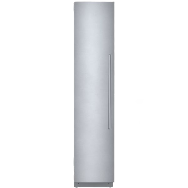 Tall built-in freezer with flat hinge design and brushed stainless steel finish for modern kitchen appliances collection