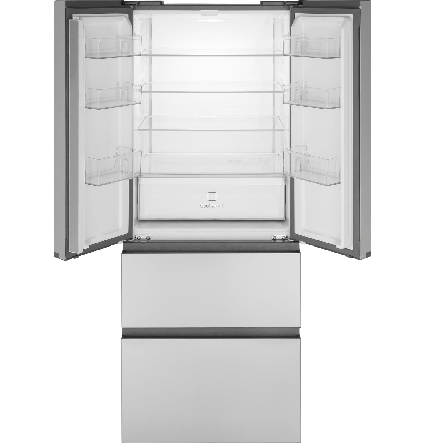 Open 4 door refrigerator with empty clear glass shelves and storage bins from modern kitchen appliances collection