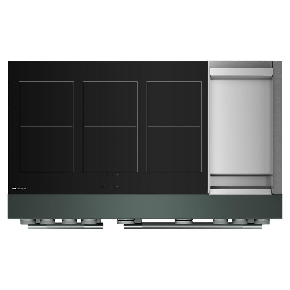 Top view of dark green induction cooktop with six cooking zones and integrated stainless steel griddle from KitchenAid collection