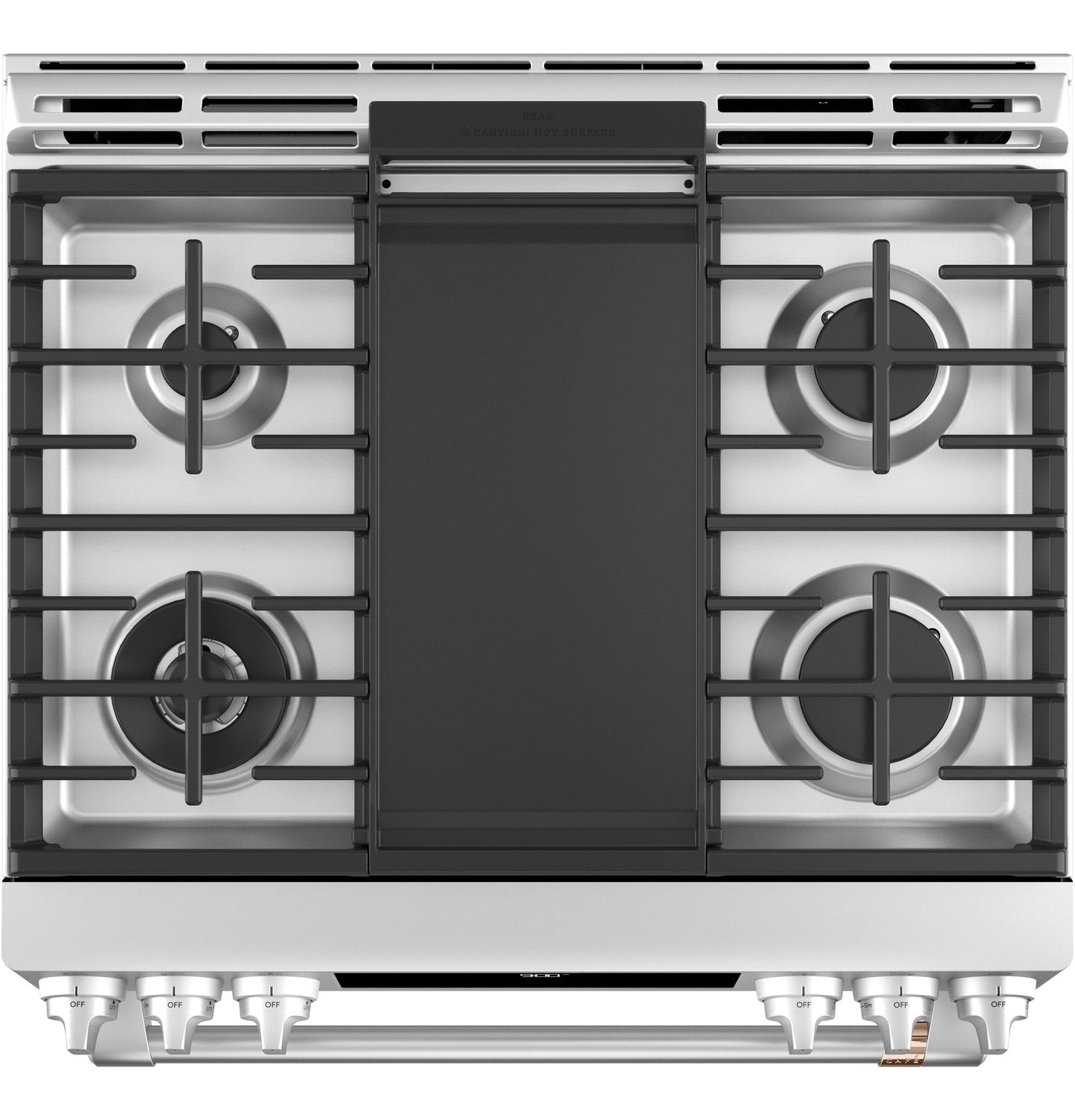 Top view of stainless steel dual-fuel range cooktop with four burners and central griddle in kitchen appliance setting