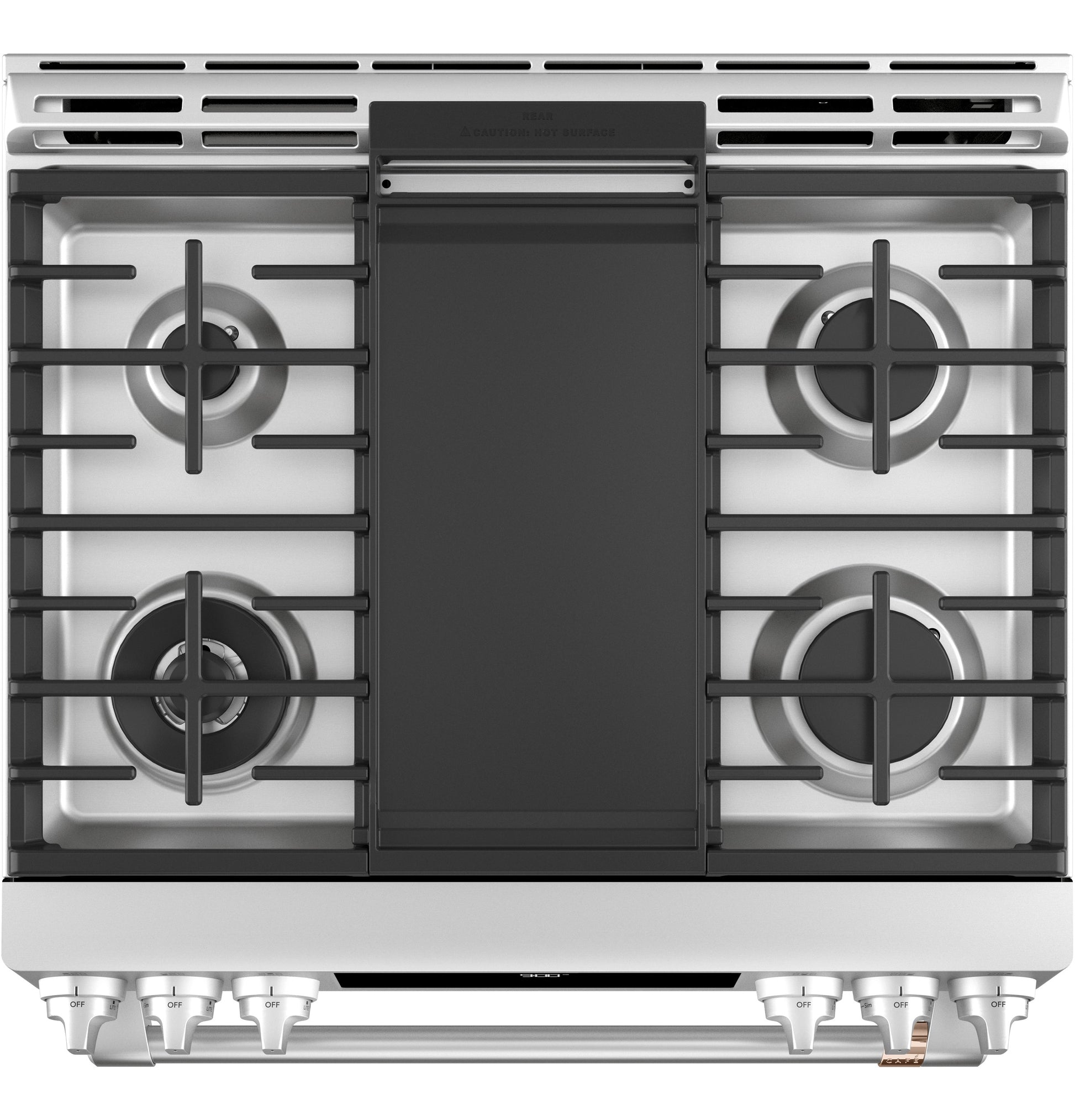 Top view of stainless steel dual-fuel range cooktop with four burners and central griddle in kitchen appliance setting