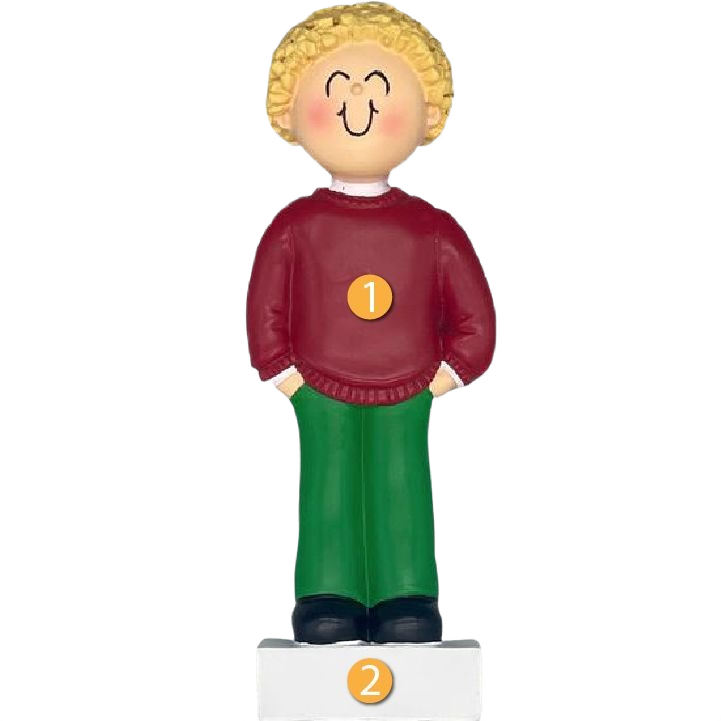 Personalized blonde boy figurine ornament wearing red sweater and green pants in Christmas Ornaments & Tree Decorations under $50 collection