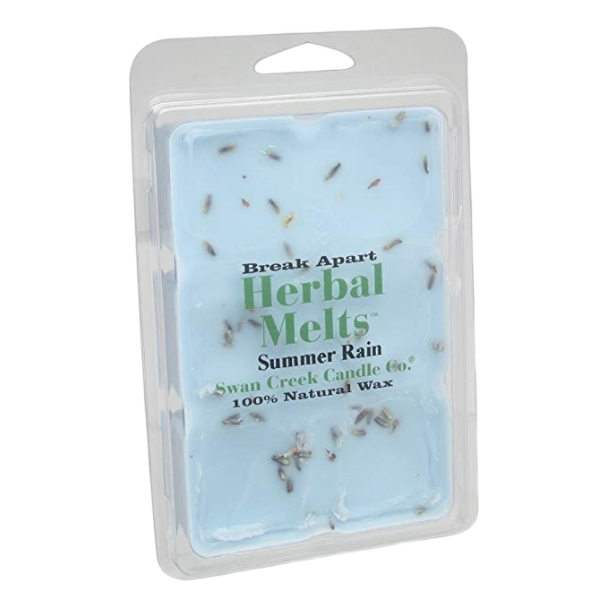 Clamshell pack of light blue herbal melts with dried herbs for natural fragrance and home ambiance
