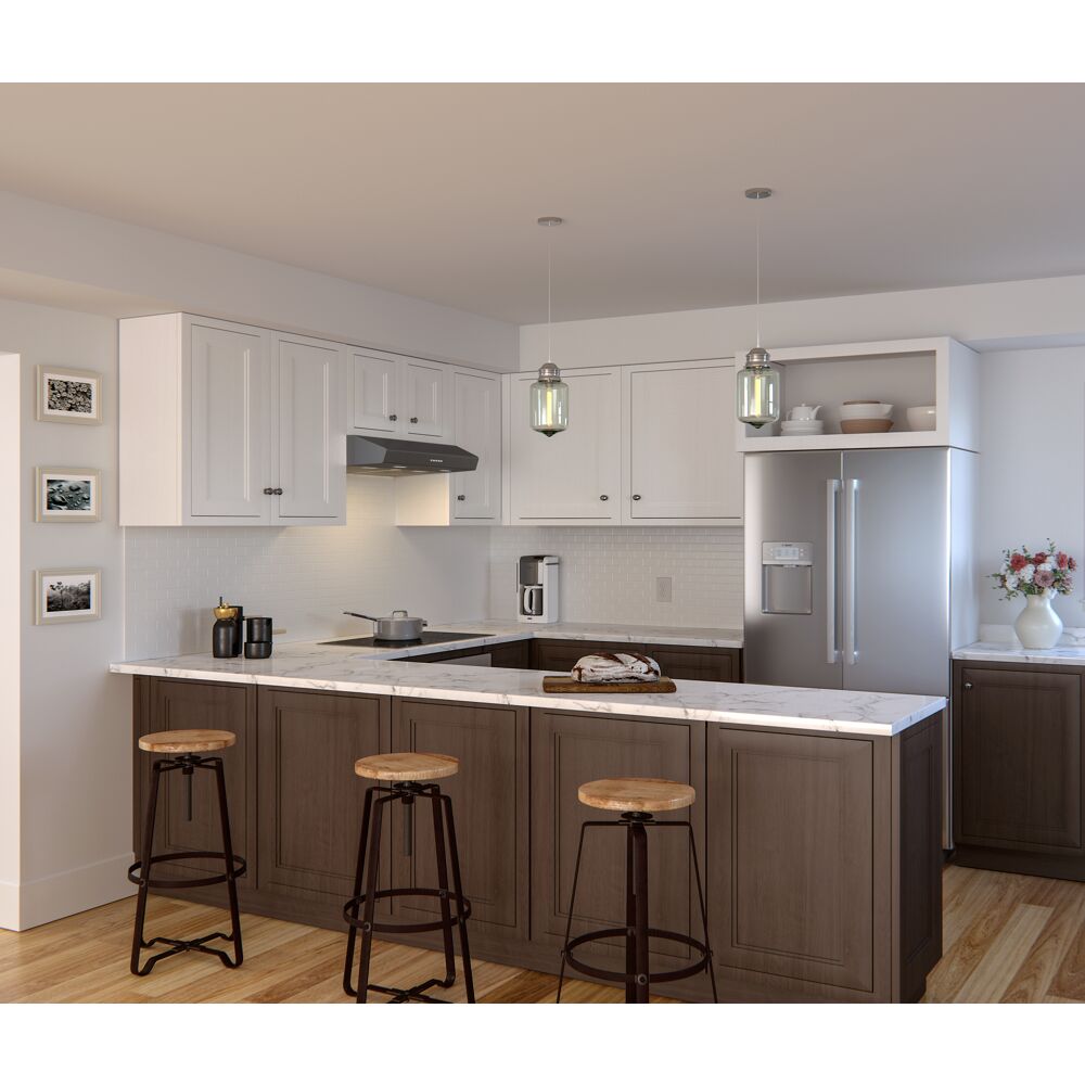 Elegant kitchen with white cabinetry, brown island with stools, marble countertop, stainless steel refrigerator, and range hood in appliances collection