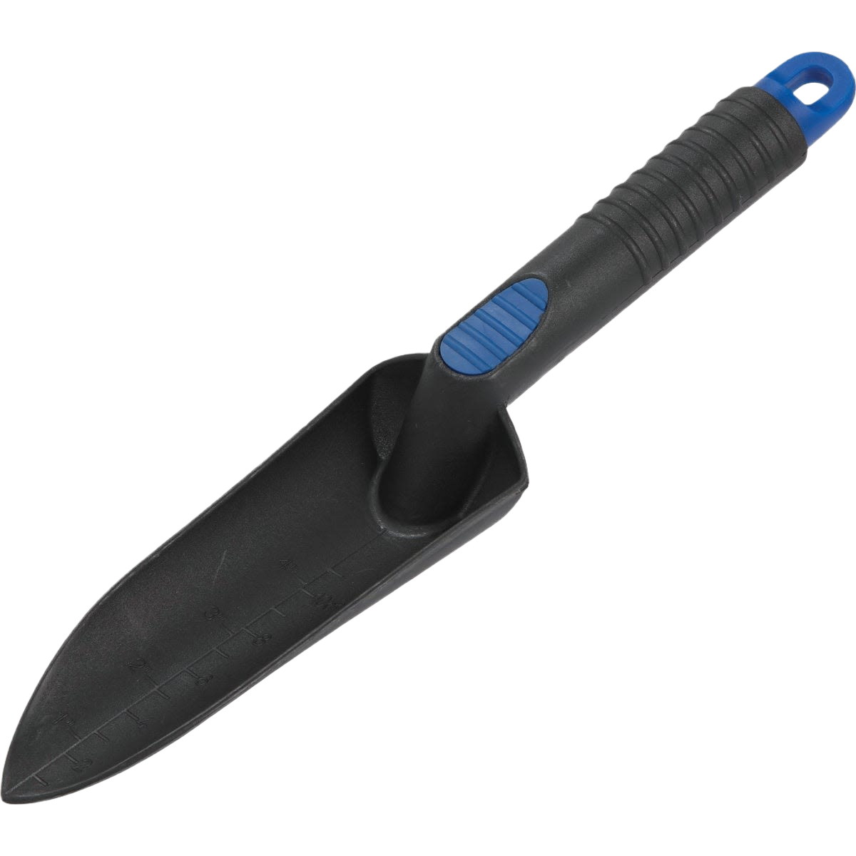 Black and blue garden trowel with ergonomic handle for comfortable use in home improvement and gardening tasks