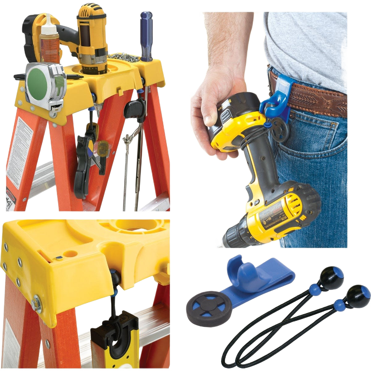 Yellow and black tool holder strap with bungee cords and belt clip securing tools on a ladder, in hardware and storage collection