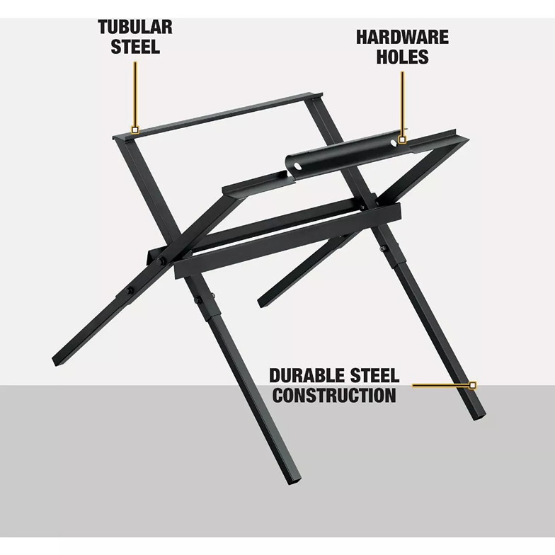 Black steel folding stand with tubular frame and hardware holes designed for home improvement tools support